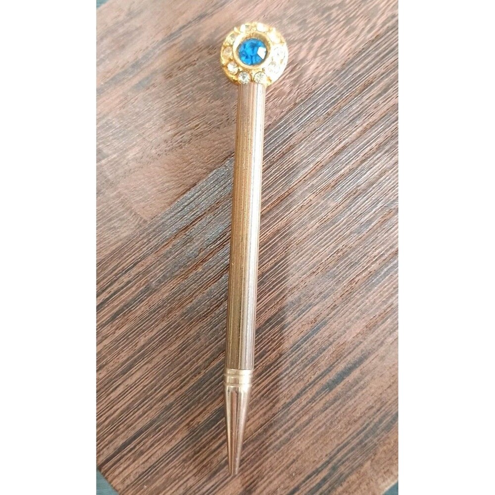 Blue Clear Rhinestone Vintage Metal Mechanical Gold Brass Tone Pencil